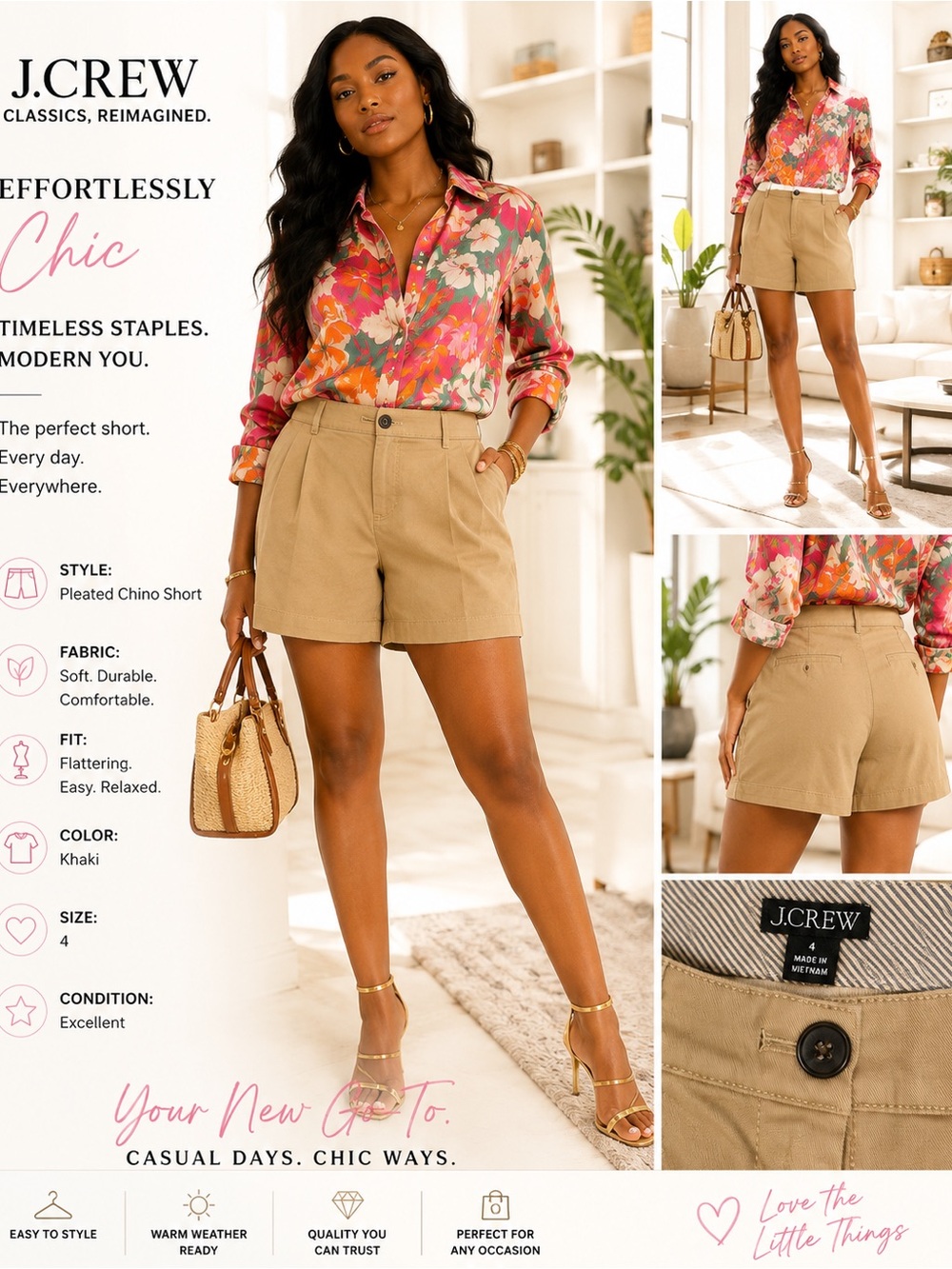 J. Crew Khaki Pleated Chino Shorts with Pink Floral Blouse Styling